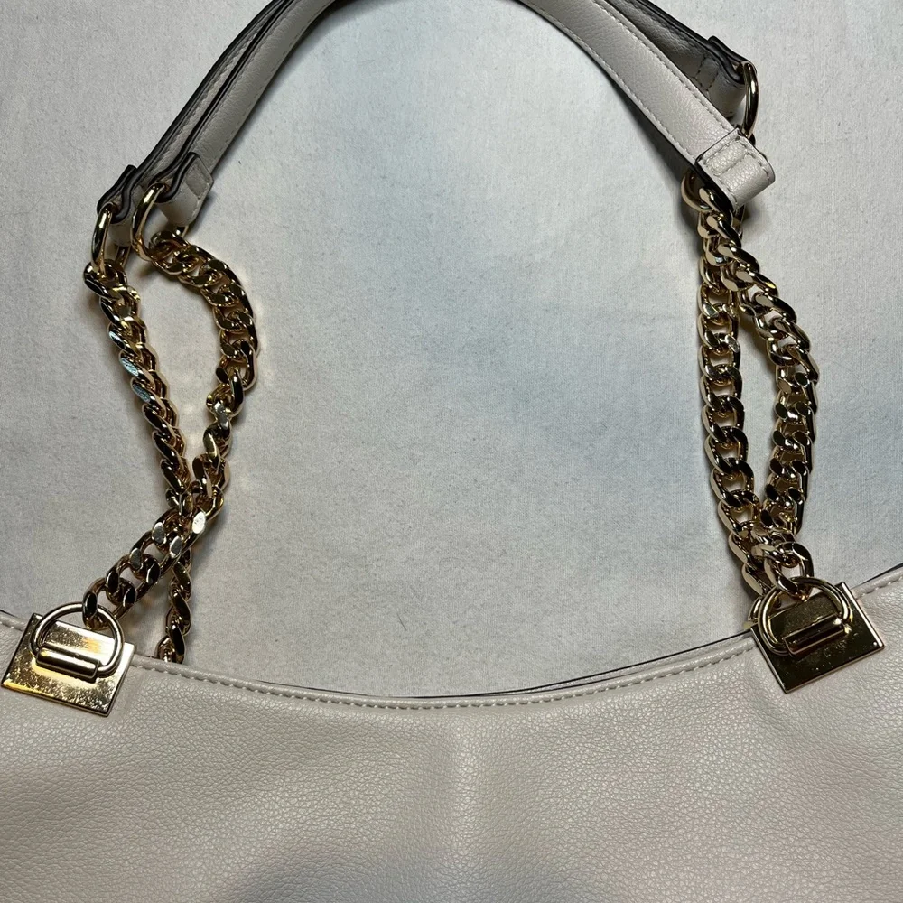 INC International White Leather Tote Bag with‎ Gold Accents - Picture 4 of 13